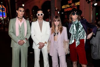 LOS ANGELES, CALIFORNIA - NOVEMBER 02: (EDITORS NOTE: This image has been retouched) Ethan Torchio, Damiano David, Victoria De Angelis and Thomas Raggi of the band MÃ¥neskin are seen on Gucci Love Parade Front Row on November 02, 2021 in Los Angeles, California. (Photo by Jerritt Clark/Getty Images for Gucci)