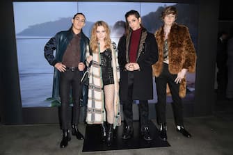 MILAN, ITALY - JANUARY 15:  Ethan Torchio, Victoria De Angelis, Damiano David and Thomas Raggi  of Maneskin band attend the Fendi show during Milan Men's Fashion Week Fall/Winter 2018/19 on January 15, 2018 in Milan, Italy.  (Photo by Venturelli/WireImage)