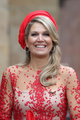 1053384540 TRIER, GERMANY - OCTOBER 11: Queen Maxima of The Netherlands waves on her departure at the High Cathedral of Saint Peter in Trier on October 11, 2018 in Trier, Germany. King Willem-Alexander of The Netherlands and Queen Maxima of The Netherlands are on a three-day-visit to Germany. (Photo by Andreas Rentz/Getty Images)