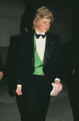 Diana, Princess of Wales  (1961 - 1997) attends a charity greyhound racing event at Wembley Stadium in London, UK, 20th April 1988. She is wearing a green Hackett waistcoat and a Catherine Walker suit and a bow tie.  (Photo by Princess Diana Archive/Getty Images)
