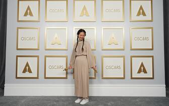 Chloé Zhao poses backstage with the Oscars® for Directing and Best Picture the during the live ABC Telecast of The 93rd Oscars® at Union Station in Los Angeles, CA on Sunday, April 25, 2021. (Photo courtesy Matt Petit / A.M.P.A.S.  via Sipa USA) *** Mandatory Credit *** Editorial Use Only ***