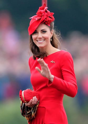 LONDON, UNITED KINGDOM - JUNE 03: (EMBARGOED FOR PUBLICATION IN UK NEWSPAPERS UNTIL 48 HOURS AFTER CREATE DATE AND TIME) Catherine, Duchess of Cambridge onboard the Royal Barge 'Spirit of Chartwell' during the Diamond Jubilee Thames River Pageant on June 3, 2012 in London, England. For only the second time in its history the UK celebrates the Diamond Jubilee of a monarch. Her Majesty Queen Elizabeth II celebrates the 60th anniversary of her ascension to the throne. Thousands of well-wishers from around the world have flocked to London to witness the spectacle of the weekend's celebrations. The Queen along with all members of the royal family will participate in a River Pageant with a flotilla of a 1,000 boats accompanying them down the Thames. (Photo by Indigo/Getty Images)