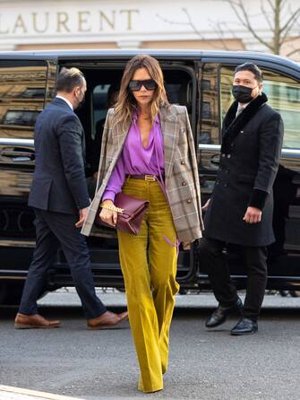 PARIS, FRANCE - MARCH 03: Victoria Beckham is seen arriving at the hotel during the Fashion Week on March 03, 2022 in Paris, France.  (Photo by Arnold Jerocki / GC Images)
