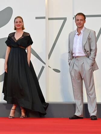 British actress Romola Garai and English actor Patrick Kennedy arrive for the screening of the film "Miss Marx" presented in competition on the fourth day of the 77th Venice Film Festival, on September 5, 2020 at Venice Lido, during the COVID-19 infection, caused by the novel coronavirus. (Photo by Alberto PIZZOLI / AFP) (Photo by ALBERTO PIZZOLI/AFP via Getty Images)