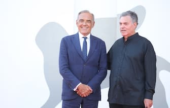 VENICE, ITALY - SEPTEMBER 08: Director of the Festival Alberto Barbera and Director Amos Gitai walk the red carpet ahead of the movie "Laila In Haifa" at the 77th Venice Film Festival on September 08, 2020 in Venice, Italy. (Photo by Elisabetta Villa/Getty Images)