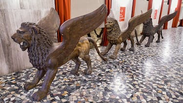 Sculptures of lions decorated the entrance hall of the Palazzo del Casino near the festival palace, on the eve of the opening of the 77th Venice Film Festival on September 1, 2020 at Venice Lido, during the COVID-19 infection, caused by the novel coronavirus. (Photo by Alberto PIZZOLI / AFP) (Photo by ALBERTO PIZZOLI/AFP via Getty Images)