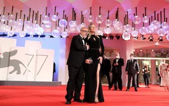 VENICE, ITALY - SEPTEMBER 11: Carolina Bang and Director Álex de la Iglesia walk the red carpet ahead of the movie "30 Monedas" (30 Coins) - Episode 1 at the 77th Venice Film Festival on September 11, 2020 in Venice, Italy. (Photo by Elisabetta Villa/Getty Images)