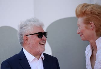 VENICE, ITALY - SEPTEMBER 03: Pedro Almodovar and Tilda Swinton walk the red carpet ahead of the movie "The Human Voice" at the 77th Venice Film Festival at  on September 03, 2020 in Venice, Italy. (Photo by Elisabetta A. Villa/WireImage,)