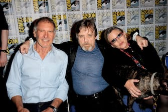 SAN DIEGO, CA - JULY 10:  (L-R) Actors Harrison Ford, Mark Hamill and Carrie Fisher speak onstage at the Lucasfilm panel during Comic-Con International 2015 at the San Diego Convention Center on July 10, 2015 in San Diego, California.  (Photo by Albert L. Ortega/Getty Images)