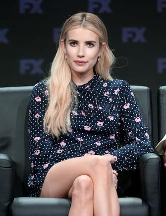 BEVERLY HILLS, CA - AUGUST 03:  Actor Emma Roberts speaks onstage at the 'American Horror Story: Apocalypse' panel during the FX Network portion of the Summer 2018 TCA Press Tour at The Beverly Hilton Hotel on August 3, 2018 in Beverly Hills, California.  (Photo by Frederick M. Brown/Getty Images)