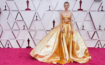 Carey Mulligan arrives at the Oscars on Sunday, April 25, 2021, at Union Station in Los Angeles. (AP Photo/Chris Pizzello, Pool)