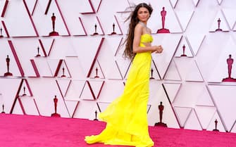 Zendaya arrives at the Oscars on Sunday, April 25, 2021, at Union Station in Los Angeles. (AP Photo/Chris Pizzello, Pool)