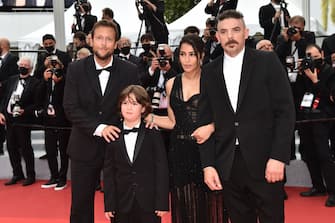 CANNES, FRANCE - JULY 16: Joachim Lafosse, Gabriel Merz Chammah, LeÃ¯la Bekhti and Damien Bonnard attend the "Les Intranquilles (The Restless)" screening during the 74th annual Cannes Film Festival on July 16, 2021 in Cannes, France. (Photo by Dominique Charriau/WireImage)