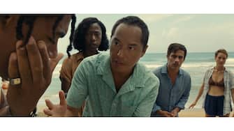 (from left) Mid-Sized Sedan (Aaron Pierre), Patricia (Nikki Amuka-Bird), Jarin (Ken Leung), Guy (Gael García Bernal) and Prisca (Vicky Krieps) in Old, written for the screen and directed by M. Night Shyamalan.