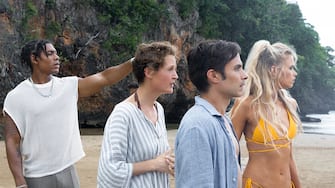 (from left) Mid-Sized Sedan (Aaron Pierre), Prisca (Vicky Krieps), Guy (Gael García Bernal) and Chrystal (Abbey Lee) in Old, written for the screen and directed by M. Night Shyamalan.