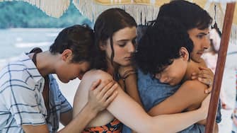 (from left) Prisca (Vicky Krieps), Maddox (Thomasin McKenzie), Guy (Gael García Bernal) and Trent (Luca Faustino Rodriguez) in Old, written and directed by M. Night Shyamalan.