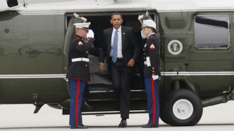 President Barack Obama steps off Marine One helicopter prior to boarding Air Force One at Los Angeles International Airport, Thursday, May 28, 2009. (AP Photo/Charles Dharapak)
