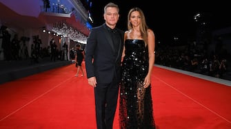 VENICE, ITALY - SEPTEMBER 10: Matt Damon and Luciana Barroso attend the red carpet of the movie "The Last Duel" during the 78th Venice International Film Festival on September 10, 2021 in Venice, Italy. (Photo by Pascal Le Segretain/Getty Images)