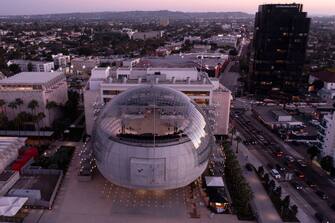 1235415821 An aerial view shows the new Academy Museum of Motion Pictures designed by Italian architect Renzo Piano, on September 21, 2021 in Los Angeles, California. - The museum, which is dedicated to the art and science of cinema, opens to the public on September 30, 2021. (Photo by Robyn Beck / AFP) (Photo by ROBYN BECK/AFP via Getty Images)
