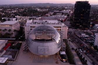 An aerial view shows the new Academy Museum of Motion Pictures designed by Italian architect Renzo Piano, on September 21, 2021 in Los Angeles, California. - The museum, which is dedicated to the art and science of cinema, opens to the public on September 30, 2021. (Photo by Robyn Beck / AFP) (Photo by ROBYN BECK/AFP via Getty Images)