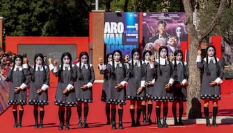 Performers dressed with traditional Addams family costume arrives for the screening of 'La famiglia Addams 2' at the 16th annual Rome International Film Festival, in Rome, Italy, 16 October 2021. The film festival runs from 14 to 24 October. ANSA/ETTORE FERRARI 