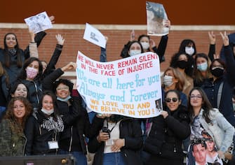 Fans holding placards wait for the arrival of US actor Johnny Depp in the 16th annual Rome International Film Festival, in Rome, Italy, 17 October 2021. The film festival runs from 14 to 24 October. ANSA/ETTORE FERRARI