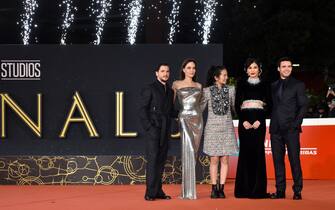 (From L) British actor Kit Harington, US actress Angelina Jolie, Chinese director Chloe Zhao, British actress Gemma Chan and British actor Richard Madden arrive for the screening of the film "Eternals" on October 24, 2021 at the Auditorium Parco della Musica venue in Rome, during the 16th Rome Film Festival. (Photo by TIZIANA FABI / AFP) (Photo by TIZIANA FABI/AFP via Getty Images)
