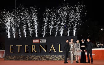 (From L) British actor Kit Harington, US actress Angelina Jolie, Chinese director Chloe Zhao, British actress Gemma Chan and British actor Richard Madden arrive for the screening of the film "Eternals" on October 24, 2021 at the Auditorium Parco della Musica venue in Rome, during the 16th Rome Film Festival. (Photo by TIZIANA FABI / AFP) (Photo by TIZIANA FABI/AFP via Getty Images)