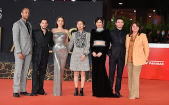 ROME, ITALY - OCTOBER 24:  (L-R) Nate Moore, Kit Harington, Angelina Jolie, Chloe Zhao, Gemma Chan, Richard Madden and Victoria Alonso attend the red carpet of the movie "Eternals" during the 16th Rome Film Fest 2021 on October 24, 2021 in Rome, Italy. (Photo by Daniele Venturelli/Daniele Venturelli/WireImage)