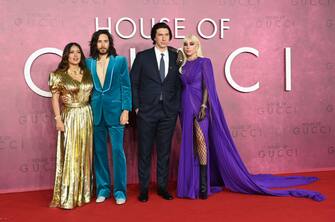 LONDON, ENGLAND - NOVEMBER 09: (L-R) Salma Hayek, Jared Leto, Adam Driver and Lady Gaga attends the UK Premiere Of "House of Gucci" at Odeon Luxe Leicester Square on November 09, 2021 in London, England. (Photo by Karwai Tang/WireImage)