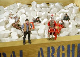 Miniature cowboy Jedediah (Owen Wilson), diminutive gladiator Octavius (Steve Coogan) and friends emerge from the crate in which they traveled from New York to the Smithsonian.