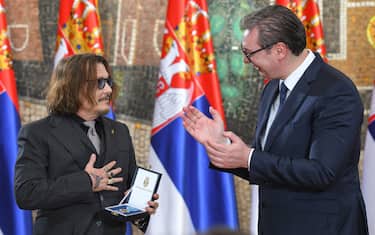 BELGRADE, SERBIA - FEBRUARY 15: Actor Johnny Depp receiving the Gold Medal of Merit from President of Serbia Aleksandar Vucic, on the occasion of Serbia's Statehood Day, on February 15, 2022 in Belgrade, Serbia. (Photo by Srdjan Stevanovic/Getty Images)