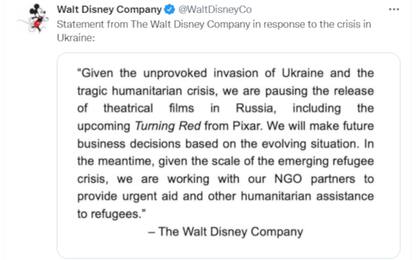 Disney sospende la distribuzione dei film in Russia