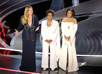 HOLLYWOOD, CALIFORNIA - MARCH 27: (L-R) Co-hosts Amy Schumer, Wanda Sykes, and Regina Hall speak onstage during the 94th Annual Academy Awards at Dolby Theatre on March 27, 2022 in Hollywood, California. (Photo by Neilson Barnard/Getty Images)