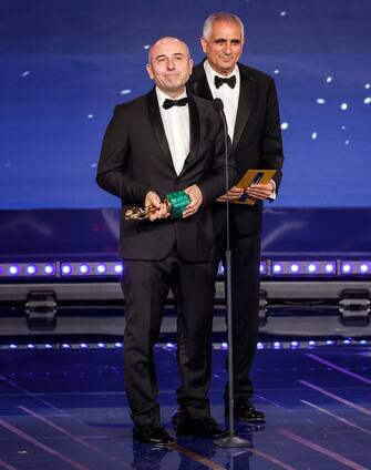 Italian writers Leonardo Di Costanza and Bruno Oliviero at Cinecitta' studios receive award for Best Screenplay for 'Ariaferma' during the 67th edition of the David di Donatello Awards, in Rome, Italy, 3 May 2022. ANSA/GIUSEPPE LAMI