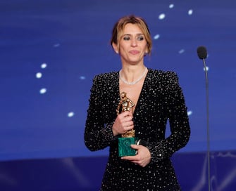 Italian actress Teresa Saponangelo at Cinecitta' studios receives award for Best Supporting Actress for her role in 'E' stata la mano di Dio' during the 67th edition of the David di Donatello Awards, in Rome, Italy, 3 May 2022. ANSA/GIUSEPPE LAMI