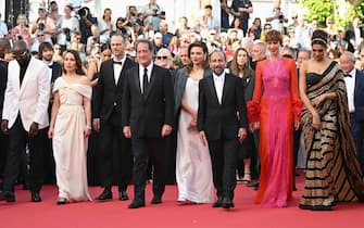 CANNES, FRANCE - MAY 17: (L-R) Ladj Ly, Noomi Rapace, Joachim Trier, Vincent Lindon, Jasmine Trinca, Asghar Farhadi, Rebecca Hall and Deepika Padukone attend the screening of "Final Cut (Coupez!)" and opening ceremony red carpet for the 75th annual Cannes film festival at Palais des Festivals on May 17, 2022 in Cannes, France. (Photo by Stephane Cardinale - Corbis/Corbis via Getty Images)