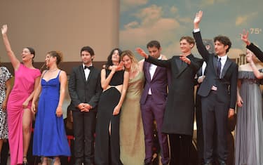 CANNES, FRANCE - MAY 22: (L-R) Alexia Chardard, Sarah Henochsberg, Baptiste Carrion-Weiss, Suzanne Lindon, Valeria Bruni Tedeschi, Sofiane Bennacer, Vassili Schneider and Louis Garrel attend the screening of "Forever Young (Les Amandiers)" during the 75th annual Cannes film festival at Palais des Festivals on May 22, 2022 in Cannes, France. (Photo by Dominique Charriau/WireImage)