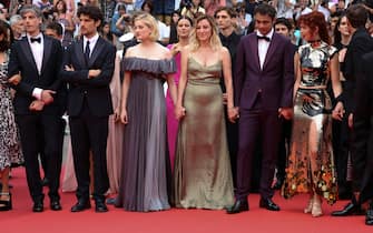 CANNES, FRANCE - MAY 22: (L-R) Micha Lescot, Louis Garrel, Nadia Tereszkiewcz, Alexia Chardard, Valeria Bruni Tedeschi, Vassili Schneider, Sofiane Bennacer and Clara Bretheau attend the screening of "Forever Young (Les Amandiers)" during the 75th annual Cannes film festival at Palais des Festivals on May 22, 2022 in Cannes, France. (Photo by Daniele Venturelli/WireImage)