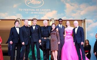 CANNES, FRANCE - MAY 25: (L to R) Steve Binder, Tom Hanks, Austin Butler, Director Baz Luhrmann, Priscilla Presley, Alton Mason, Natasha Bassett and Producer Patrick McCormick attend the screening of "Elvis" during the 75th annual Cannes film festival at Palais des Festivals on May 25, 2022 in Cannes, France. (Photo by Daniele Venturelli/WireImage)