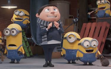 (from left) Minions Kevin and Otto, Gru (Steve Carell) and Minions Stuart and Bob in Illumination's Minions: The Rise of Gru, directed by Kyle Balda.