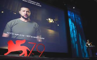 Ukrainian President Volodymyr Zelensky, during the opening ceremony at the 79th annual Venice Film Festival, in Venice, Italy, 31 August 2022. The festival runs from 31 August to 10 September 2022. ANSA/CLAUDIO ONORATI
