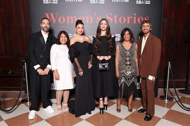 VENICE, ITALY - SEPTEMBER 02: Mohammed Al Turki, Haifaa al-Mansour, Dorra Zarrouk, Sumaya Rida, Kaouther Ben Hania and Simone Marchetti attend the Women's Stories gala night hosted by Vanity Fair and The Red Sea International Film Festival during the 79th Venice International Film Festival on September 02, 2022 in Venice, Italy. (Photo by Daniele Venturelli/Getty Images for The Red Sea International Film Festival)