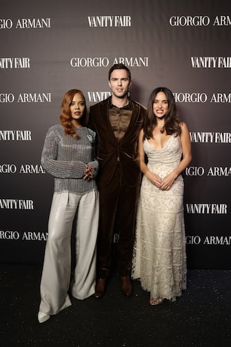VENICE, ITALY - SEPTEMBER 03: Tessa Thompson, Nicholas Hoult and Adria Arjona attends Il Ballo Della Luce (The Ball of Light) hosted by Giorgio Armani & Vanity Fair at Ca'Vendramin Calergi on September 03, 2022 in Venice, Italy. (Photo by Victor Boyko/Getty Images for Condé Nast Italia)
