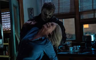 Michael Myers (aka The Shape) and Jamie Lee Curtis as Laurie Strode in HALLOWEEN ENDS, directed by David Gordon Green