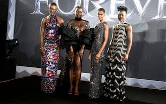 LONDON, ENGLAND - NOVEMBER 03: (EDITORS NOTE: Image has been created using a starburst filter) (LR) Florence Kasumba, Danai Gurira, Letitia Wright and Lupita Nyong'o attend the European Premiere of Marvel Studios' 