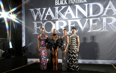 LONDON, ENGLAND - NOVEMBER 03: (EDITORS NOTE: Image has been created using a starburst filter) (L-R) Florence Kasumba, Danai Gurira, Letitia Wright and Lupita Nyong'o attend the European Premiere of Marvel Studios' "Black Panther: Wakanda Forever" in Leicester Square on at Cineworld Leicester Square on November 03, 2022 in London, England. (Photo by Gareth Cattermole/Getty Images for Disney)