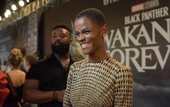 Guyanese-British actress Letitia Wright gives an interview before the African premiere of the film 