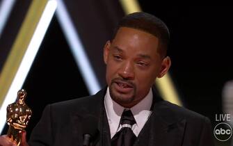 BGUK_2344988 - Los Angeles, CA  - Will Smith turns on the tears as he uses Best Actor Oscar win speech to defend shocking on-air assault on Chris Rock for joke about wife Jada Pinkett Smith's 'GI Jane' haircut. Smith used his acceptance speech for his first Academy Award to defend a a stunning on-stage meltdown in which he slapped presenter Chris Rock for making a joke about his wife Jada Pinkett Smith's haircut.  Smith won Best Actor for his portrayal of Richard Williams, the determined father who raised tennis champions Venus and Serena Williams, in 'King Richard.'  The actor opened his acceptance speech with an emotional defense of his assault on Rock for mocking the short hair of Pinkett Smith, who suffers from alopecia. “Richard Williams was a fierce defender of his family. In this time in my life, in this moment I am overwhelmed by what God is calling on me to do,” Smith said. “I’m being called on in my life to love people and to protect people and to be a river to my people.” Smith went on to issue a tearful partial apology for his emotional outburst, but did not apologize to Rock. “I want to apologize to the Academy, I want to apologize to all my fellow nominees. This is a beautiful moment,” he said.  Smith's acceptance speech vacillated between defense and apology as he shared what Denzel Washington told him after he slapped: “At your highest moment, be careful because that's when the devil comes for you.” Ultimately, Smith apologized to the academy and to his fellow nominees. “Art imitates life. I look like the crazy father,” said Smith. “But love will make you do crazy things.” The slapping incident occurred after Rock cracked jokes about the 'GI Jane' haircut of Pinkett Smith, who has alopecia. The shocking scene, broadcast live around the world, stunned both the live audience at the Dolby Theatre and TV viewers.  After Smith strode out on stage and slapped Rock with an open right hand, Rock staggered and exclaimed: ‘Wow, Will Smith just smacked the s*** out of me.”  Smith, visibly emotional, walked back to his seat in the audience and shouted: “Keep my wife's name out of your f****** mouth.” The exchange was muted on a delayed telecast in much of the US but was aired in full to some international audiences.   After the slap seen round the world, Smith was seen being comforted and consoled by Denzel Washington and actor-producer Tyler Perry. Bradley Cooper also pulled Smith aside and was seen in close conversation with him.

*BACKGRID DOES NOT CLAIM ANY COPYRIG

Pictured: Will Smith

BACKGRID UK 28 MARCH 2022 

BYLINE MUST READ: ABC / BACKGRID

*BACKGRID DOES NOT CLAIM ANY COPYRIGHT OR LICENSE IN THE ATTACHED MATERIAL. ANY DOWNLOADING FEES CHARGED BY BACKGRID ARE FOR BACKGRID'S SERVICES ONLY, AND DO NOT, NOR ARE THEY INTENDED TO, CONVEY TO THE USER ANY COPYRIGHT OR LICENSE IN THE MATERIAL. BY PUBLISHING THIS MATERIAL , THE USER EXPRESSLY AGREES TO INDEMNIFY AND TO HOLD BACKGRID HARMLESS FROM ANY CLAIMS, DEMANDS, OR CAUSES OF ACTION ARISING OUT OF OR CONNECTED IN ANY WAY WITH USER'S PUBLICATION OF THE MATERIAL*

UK: +44 208 344 2007 / uksales@backgrid.com

USA: +1 310 798 9111 / usasales@backgrid.com

*UK Clients - Pictures Containing Children
Please Pixelate Face Prior To Publication*