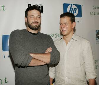 HOLLYWOOD - JULY 13:  Actors Ben Affleck (left) and Matt Damon (right) attend the announcement of the winners of this year's Project Greenlight on July 13, 2004 at The Highlands, in Hollywood, California. (Photo by Carlo Allegri/Getty Images)